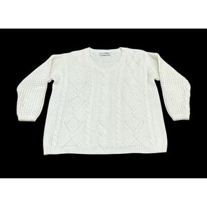 Vtg Cut AU Womens Open Knit Cable Knit Sweater Old Money Cottagecore Ivory Large